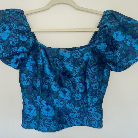 Anthropologie Puff Sleeve Jaquard Top 4 Square Neck Cropped Blue/Green NEW! - Picture 6 of 10